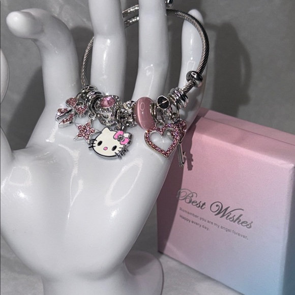 Silver Charm Bangle with Pink Enamel Accents - Picture 3 of 3